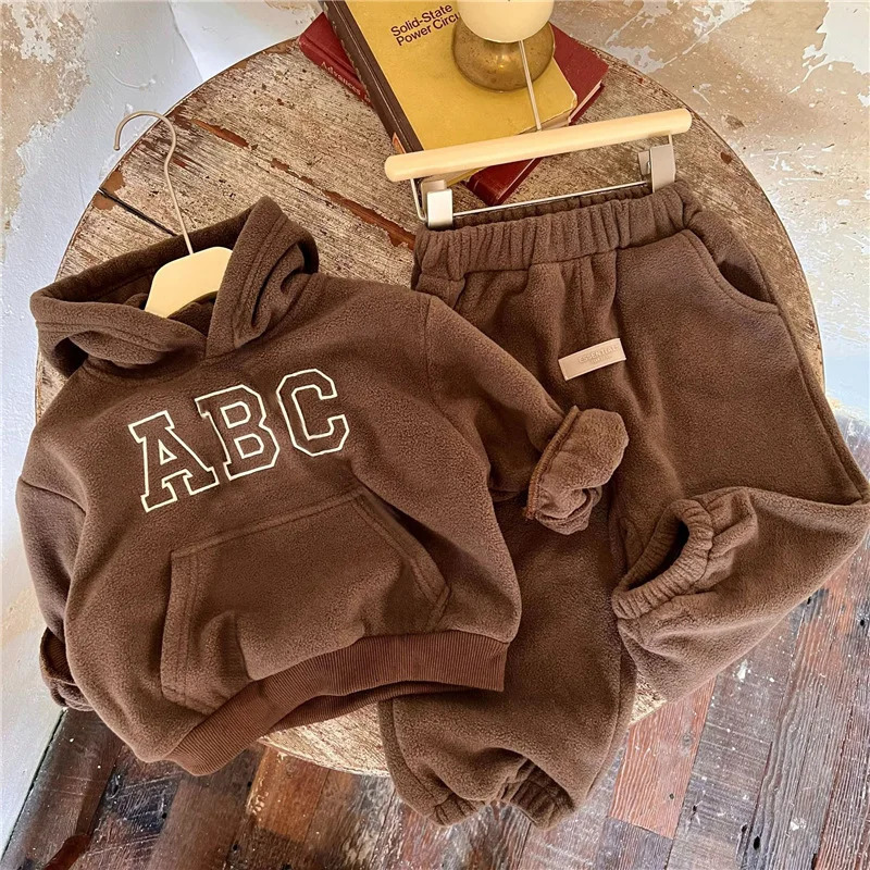 Baby Boy Girl Hooded Clothes Set HoodiePant 2PCS Infant Toddler Child Warm Fleece Home Suit Winter Spring Baby Clothes 1-10Y 241106