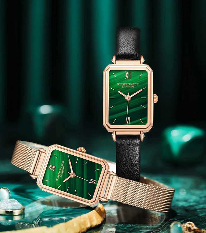 Fashion Wlist Top Brand Wen Square Womens Quartz Bracelet Set Green Dial Simple Rose Gold Mesh and Leather Luxury Watch X241106