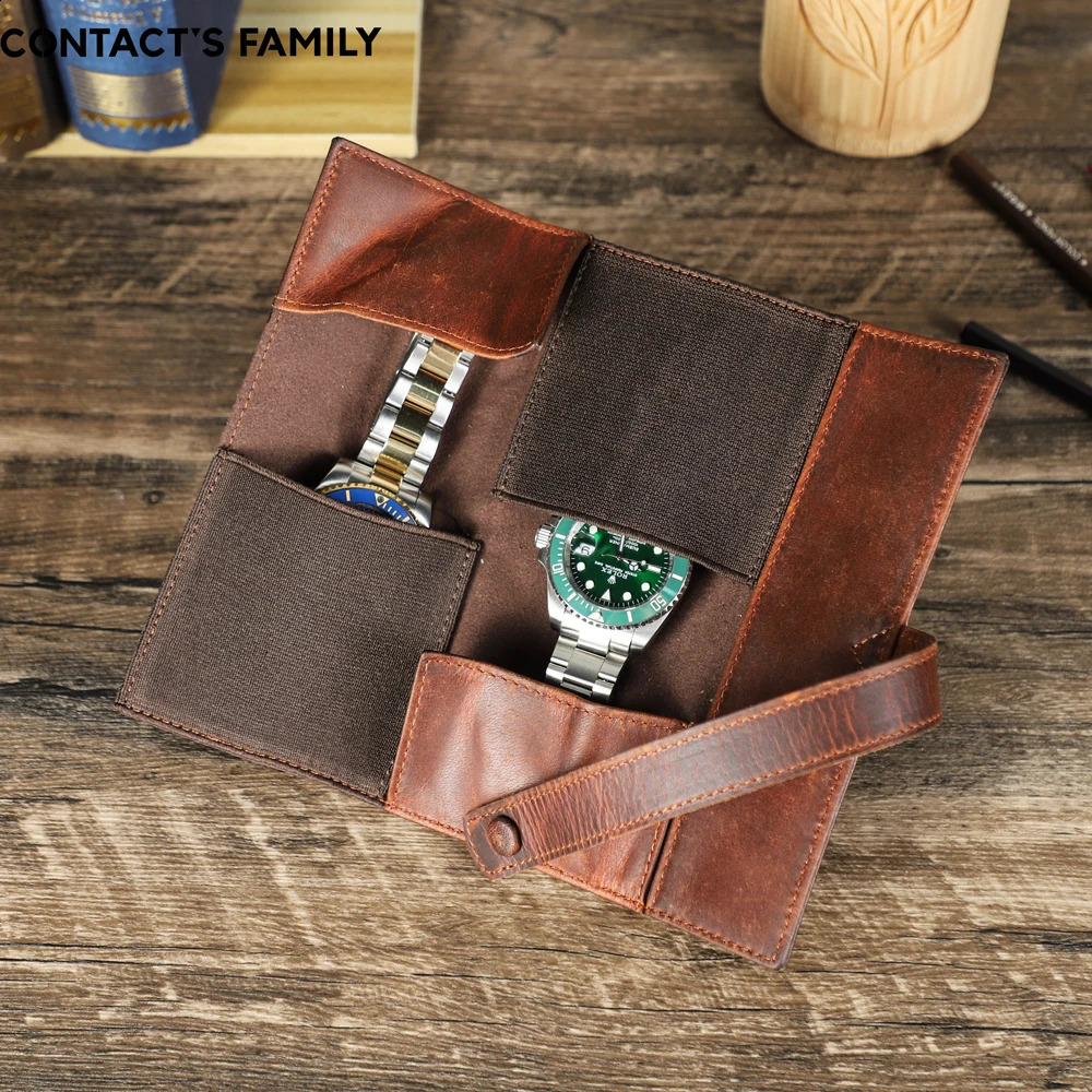 Full grain oil leather 2-groove watch roll storage adjustable shell portable travel watch bag metal buckle ultra-fine fiber lining 241105