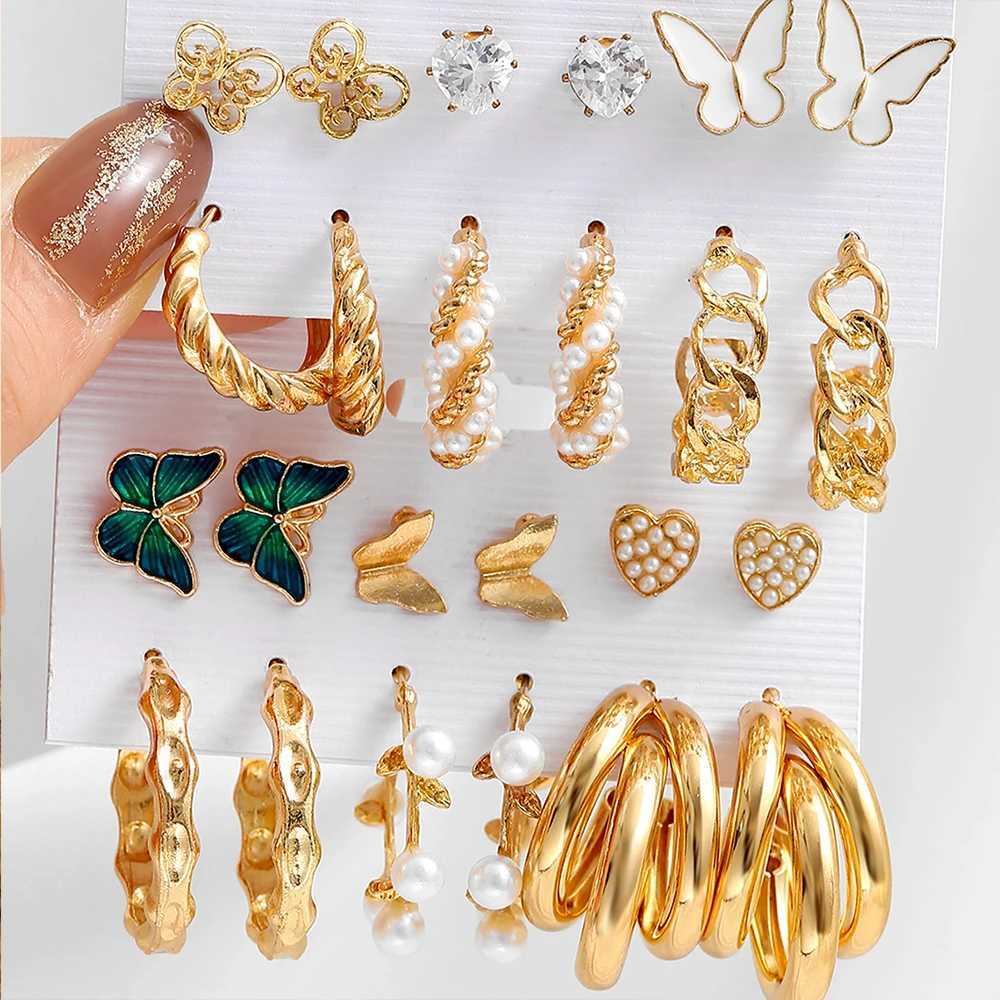 Golden Pearl Ring Earring Set Metal Pendant Earrings Retro Round Guitar Twist for Wen Girls Jewelry Gift X241106