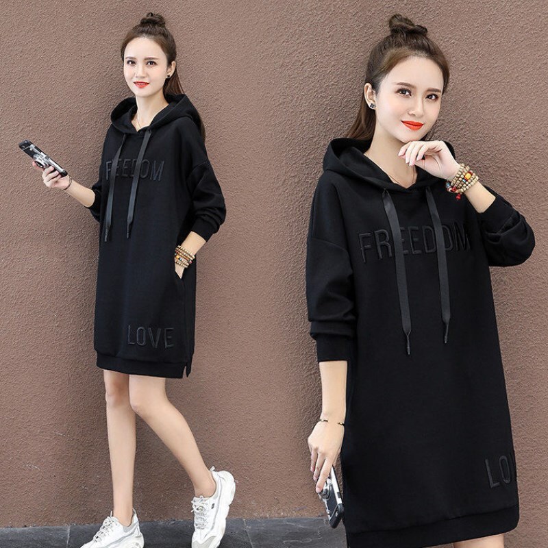 New designer thickened plush hooded medium-sized women's clothing Korean version loose long sleeved multifunctional hooded dress slim and fashion