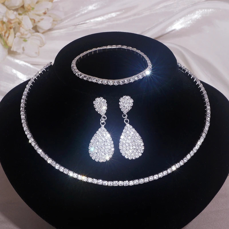 round rhinestone necklace set womens classic silver necklace bracelet earring jewelry set brides wedding jewelry set 241106