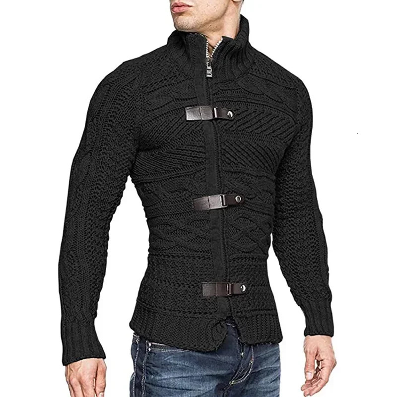 Men Sweaters Autumn Winter High Neck Sweater Mens Leather Buckle Long Sleeve Knitted Cardigan Coat Large Size Men Clothing 241106
