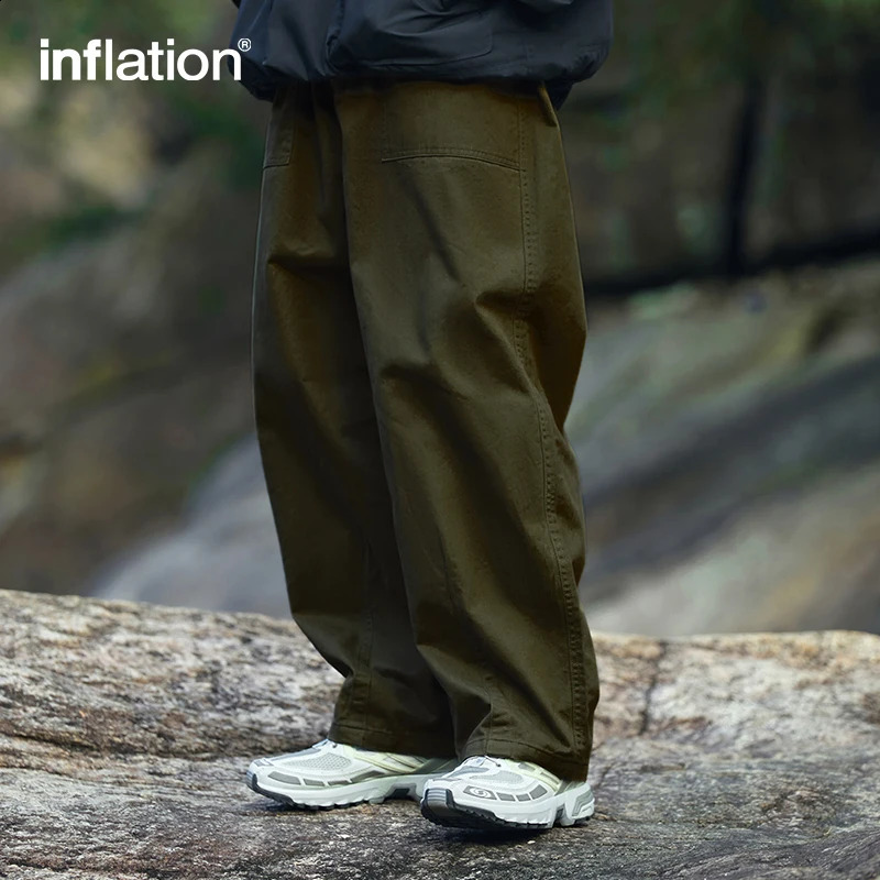 INFLATION Pink Wide Leg Pants Mens Slacks Elastic Waist 100% Cotton Trousers Unisex Straight 241104