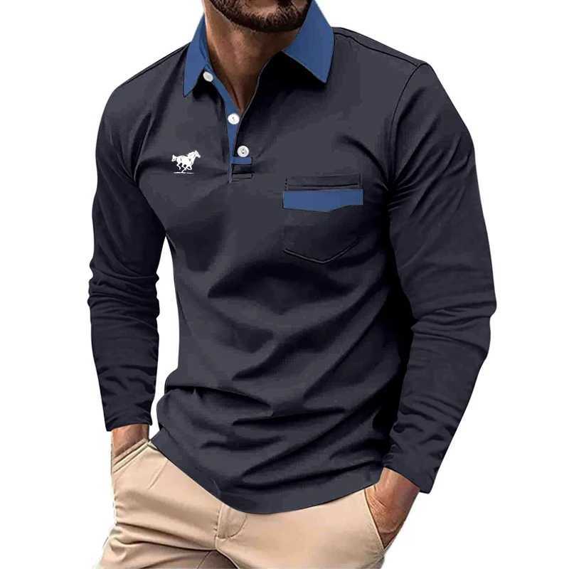 Autumn new mens long Sve slim fit lapel mens business casual large pocket splicing sports top W241106