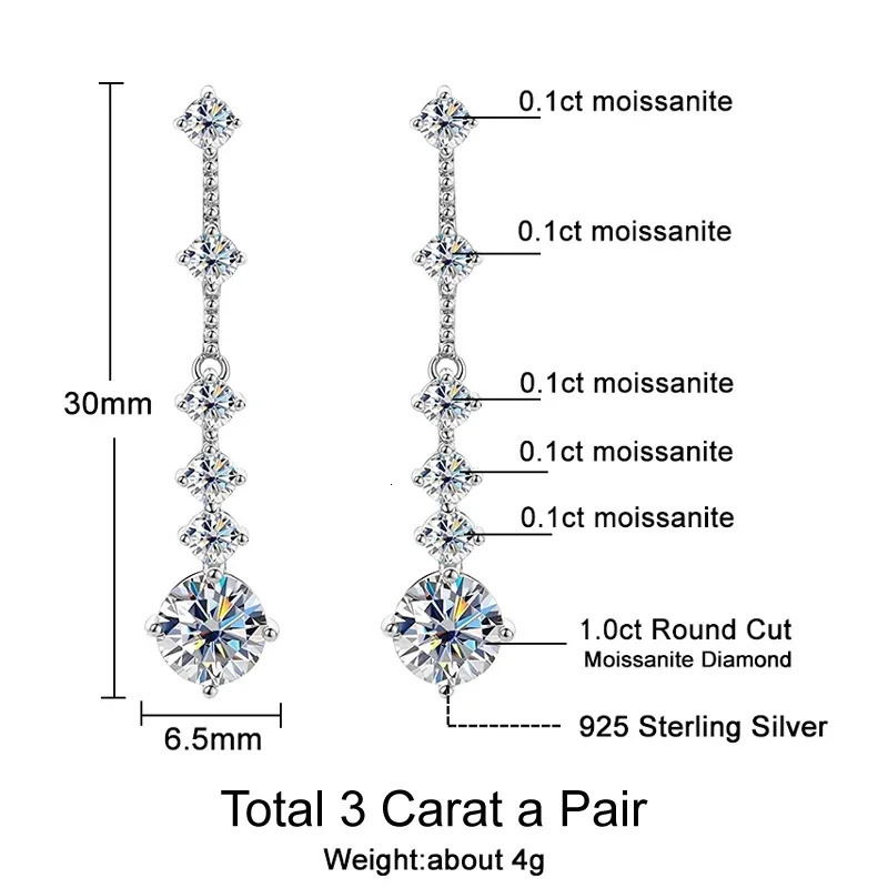womens pendant earrings 3ct a pair of D-color VVS1 diamond tassel earrings 925 sterling silver exquisite jewelry gift 241106