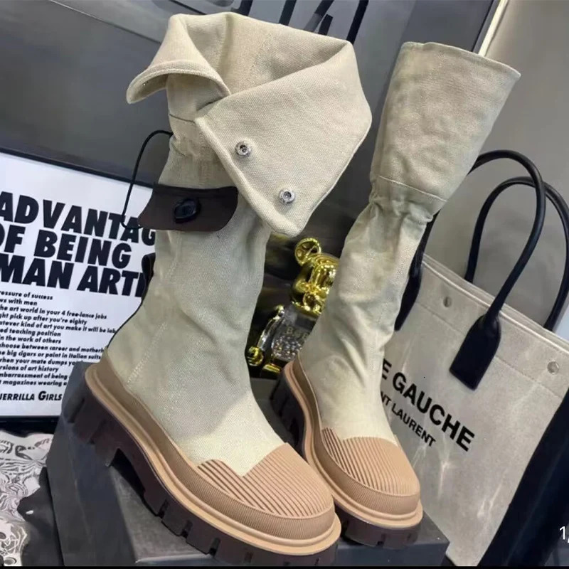 Women Flats Platform Denim Winter Designer New Knee High Motorcycle Boots Casual Goth Shoes Snow Botas Mujer