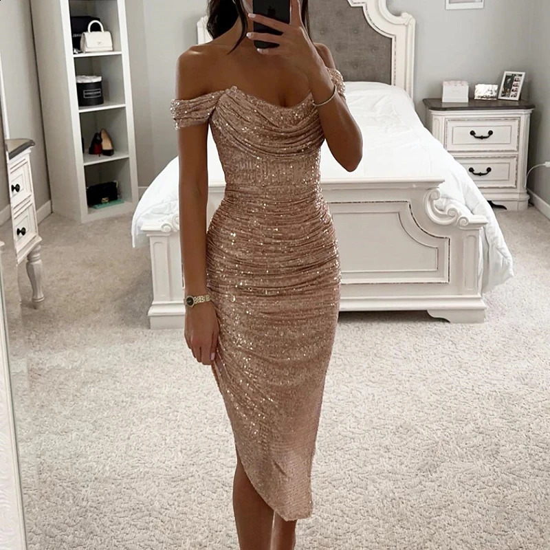 Sexy Asymmetrical Shinny Glitter Fold Long Dress Elegant Solid Winter Banquet Dress Women One Shoulder Bodycon Party Dress 241105