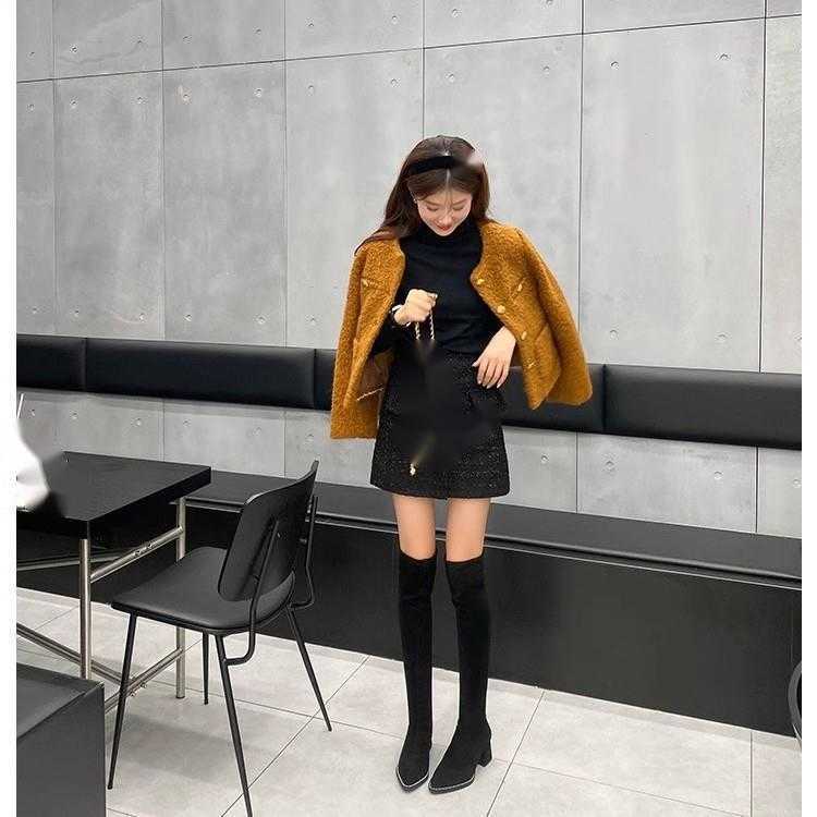 CMM Sheepskin Autumn Winter Long Boots Womens Over the Knee Boots Thick Heel Velvet High Heel Boots Womens High Heel Long Stretch Boots