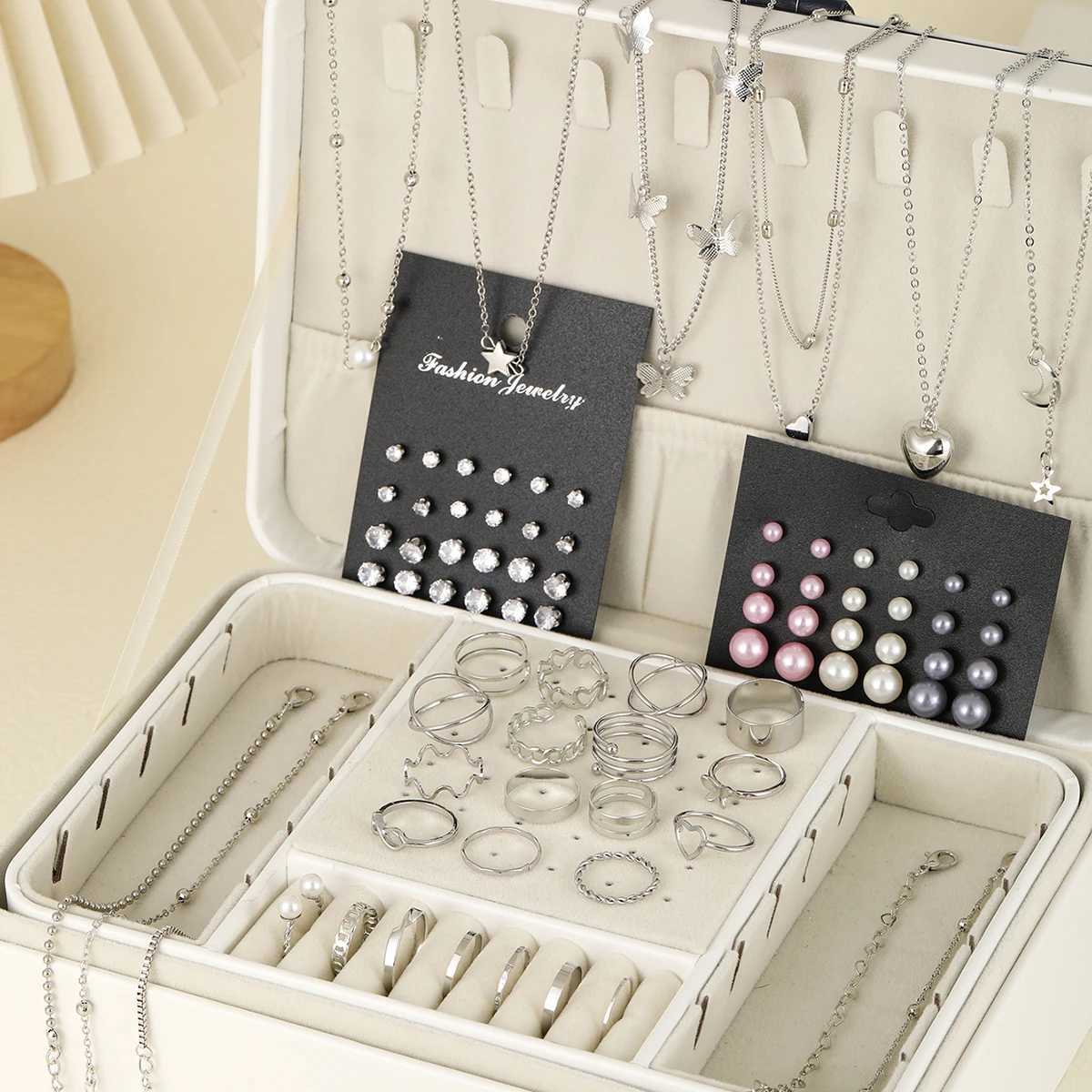 81 pieces of retro elegant imitation pearl zircon pendant earrings rings necklaces used for daily wear jewelry sets X241106