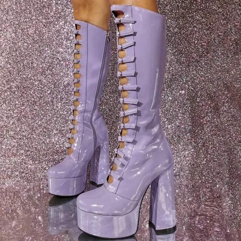 European And American Punk Style Front Buckle Strap Thick Soled Knee High Cool Boots For Women, High-Heeled Side Zipper Shoes