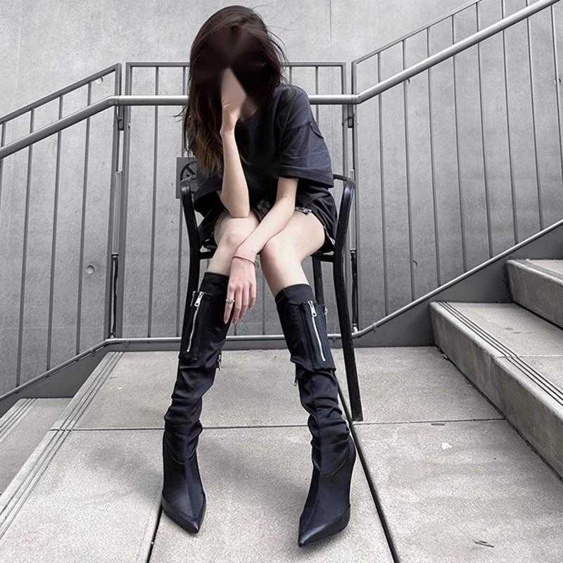 CMM New Pointed Metal Zipper High Heeled Boots Thin Heels Black Elastic and Slimming Spicy Girl Long Boots