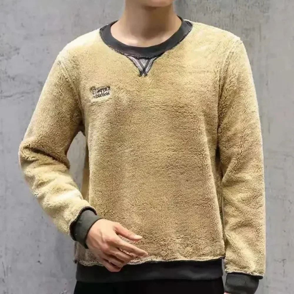 Mens long sleeved quarter zipper wool Sherpa lined sweatshirt with winter warmth thick and fashionable zipper top casual wear Plus size 8XL 241106