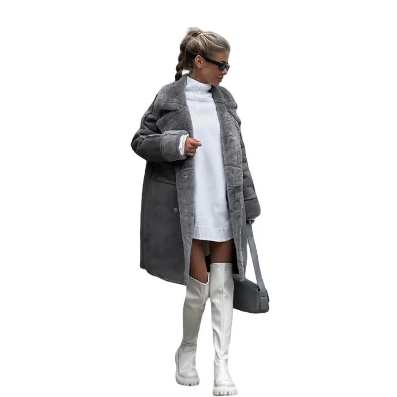 Winter European And American Fur Suede Coat Suit Collar Long Cardigan Sleeved Plush Womens Warm Top 241104