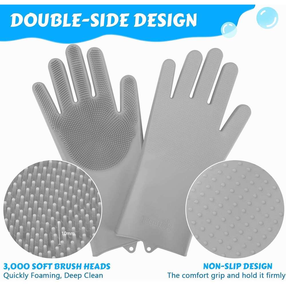 Pecute Pet Grooming Gloves, Large, Gray, Heat Resistant, High-Density Teeth, Silicone Dog Bathing Gloves with Enhanced Five Finger Design, for Washing
