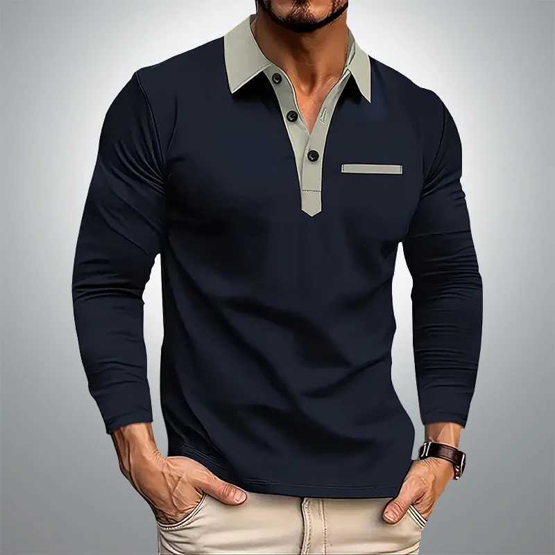 Mens long Sved shirt business office lapel T-shirt spring and autumn casual sports European and American plus size W241106