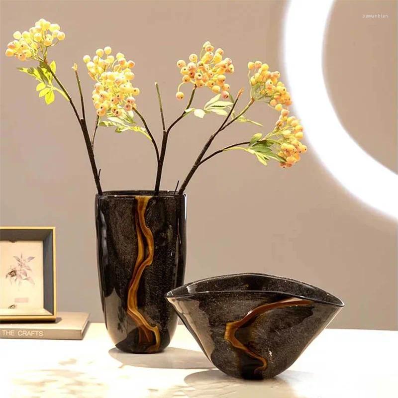 Vases Black Glass Vase Crack Water Ripple Flower Pot Floral Arrangement Accessories Flowerpot Terrarium Room Decoration