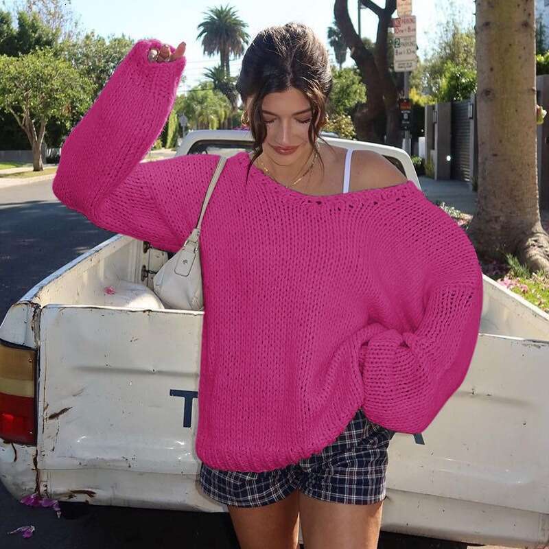 Talenza Knitted Off-Shoulder Women's Solid Color Casual Loose Large V-Neck Pullover Streetwear Slim Hollow Sweater Top
