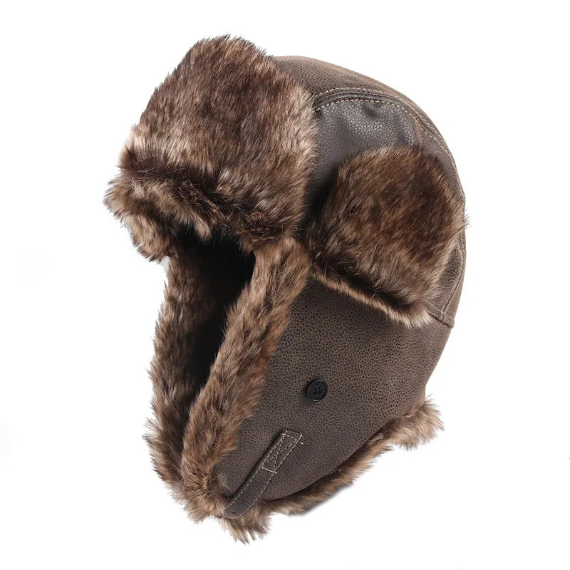 Russian mens winter hat with earmuffs Ushanka warm Pu leather earmuffs bomber hat faux fur snow hat pilot hunting hat 241106