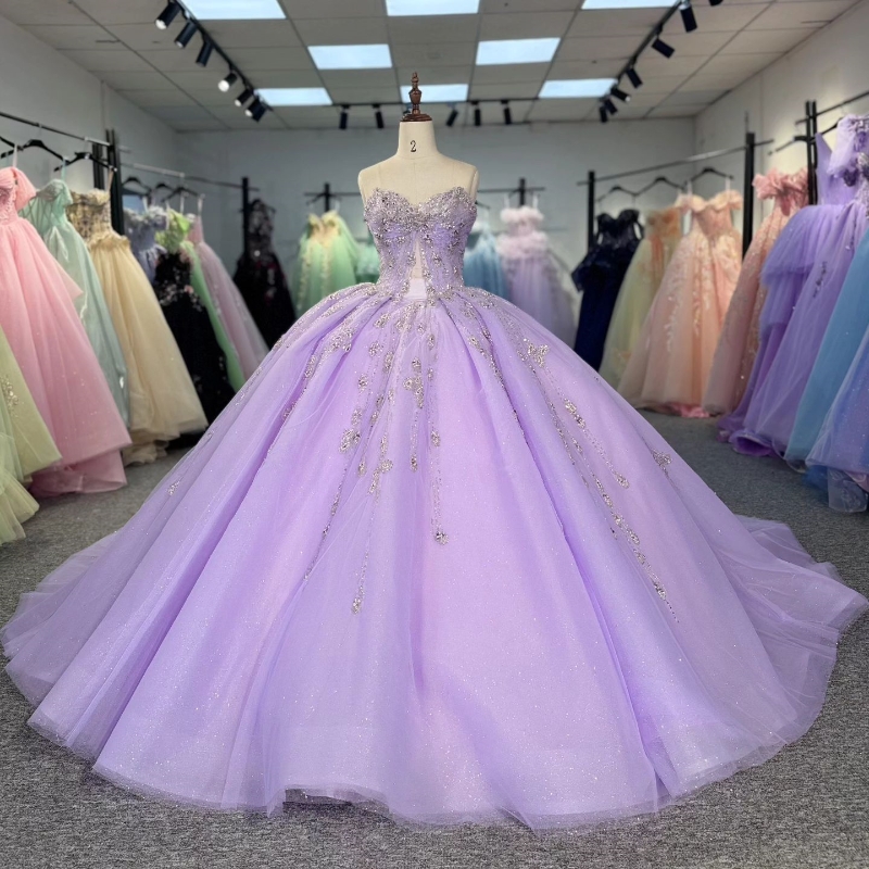 Lilac Shiny Quinceanera Dresses Ball Gown Sweetheart Beading Crystal Tull Lace-Up Backless Party Princess Sweet 16 Dress Vestidos 15 De Anos