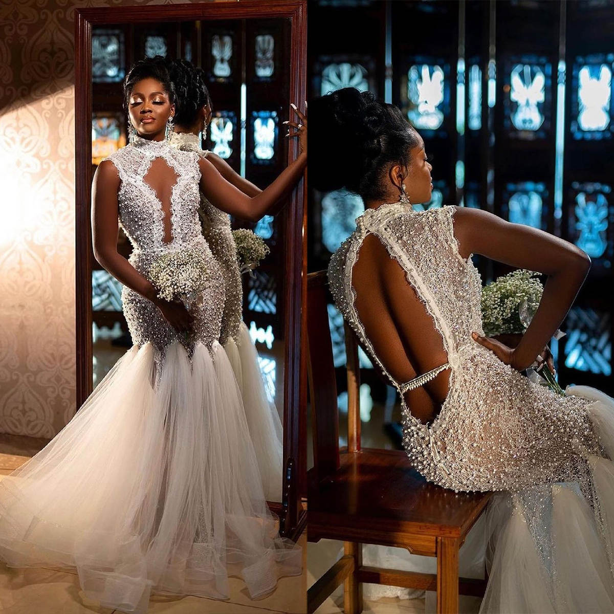 Classic Mermaid Wedding Dresses High Collar Sleeveless Bridal Gown Pearls Backless Sweep Train Customized Dress