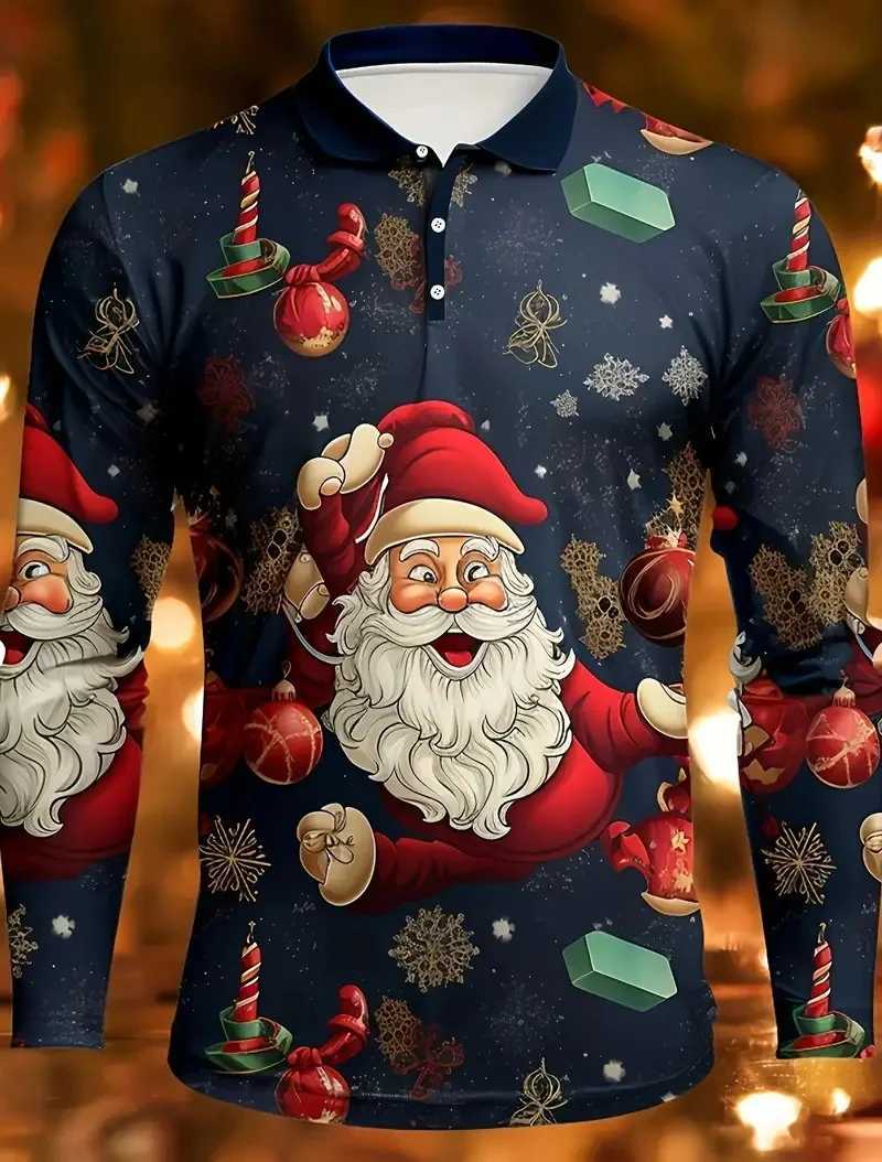 Full print Christmas graphic long Sve mens shirt casual super large city collar shirt mens T-shirt top W241106