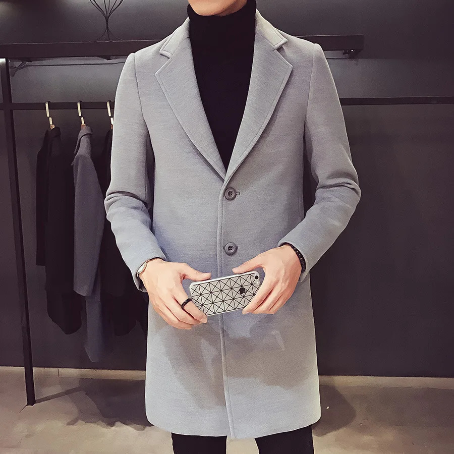Autumn and winter slim fit mens long wool coat with single chest collar street fashion business trench coat for mens wear 241106