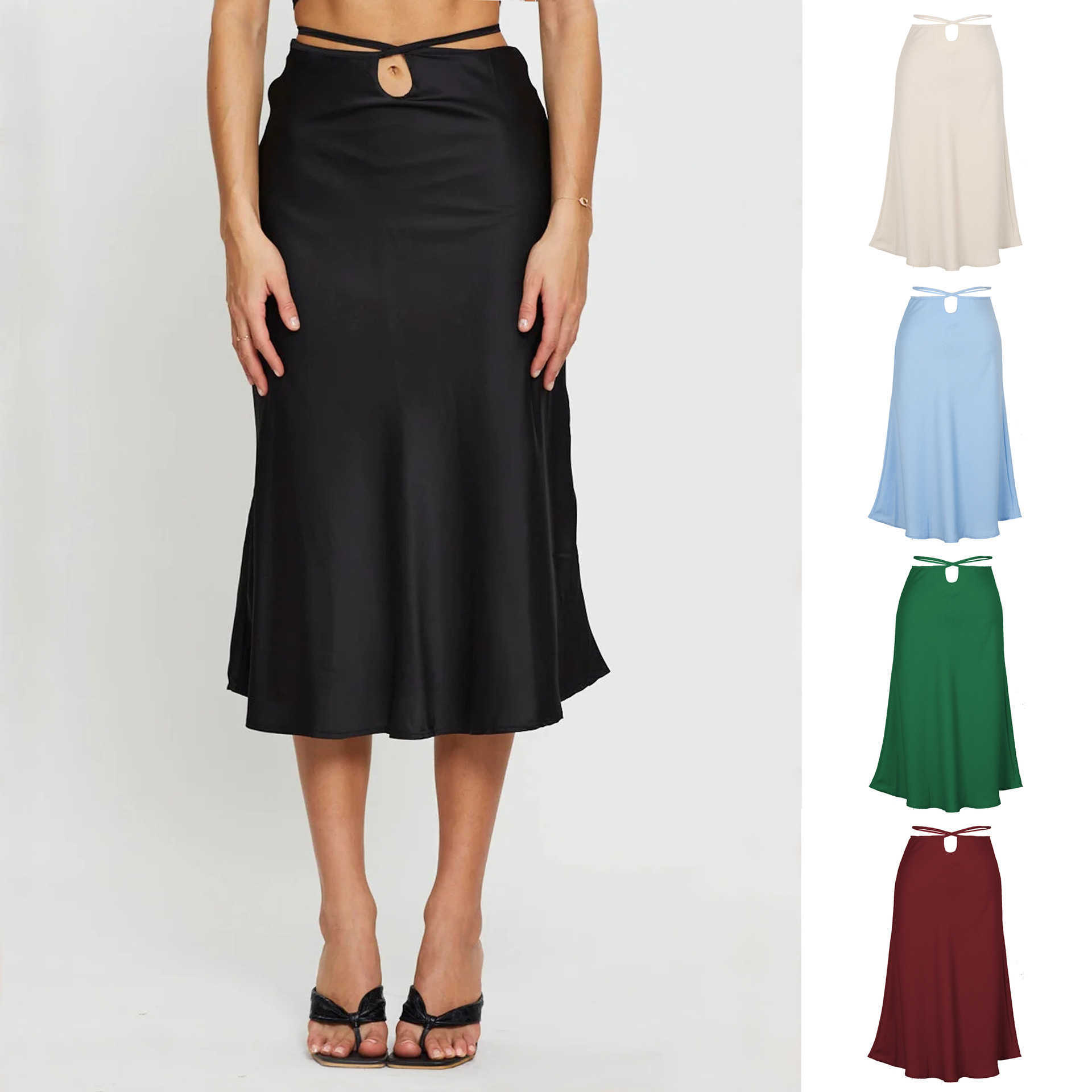Women Vintage Ruffle Skirt Spring Skirt With Zipper Fishtail Dress Lace Side Up Black Length Adult Skirts Solid Color Slit Mid Length Skirt 241023