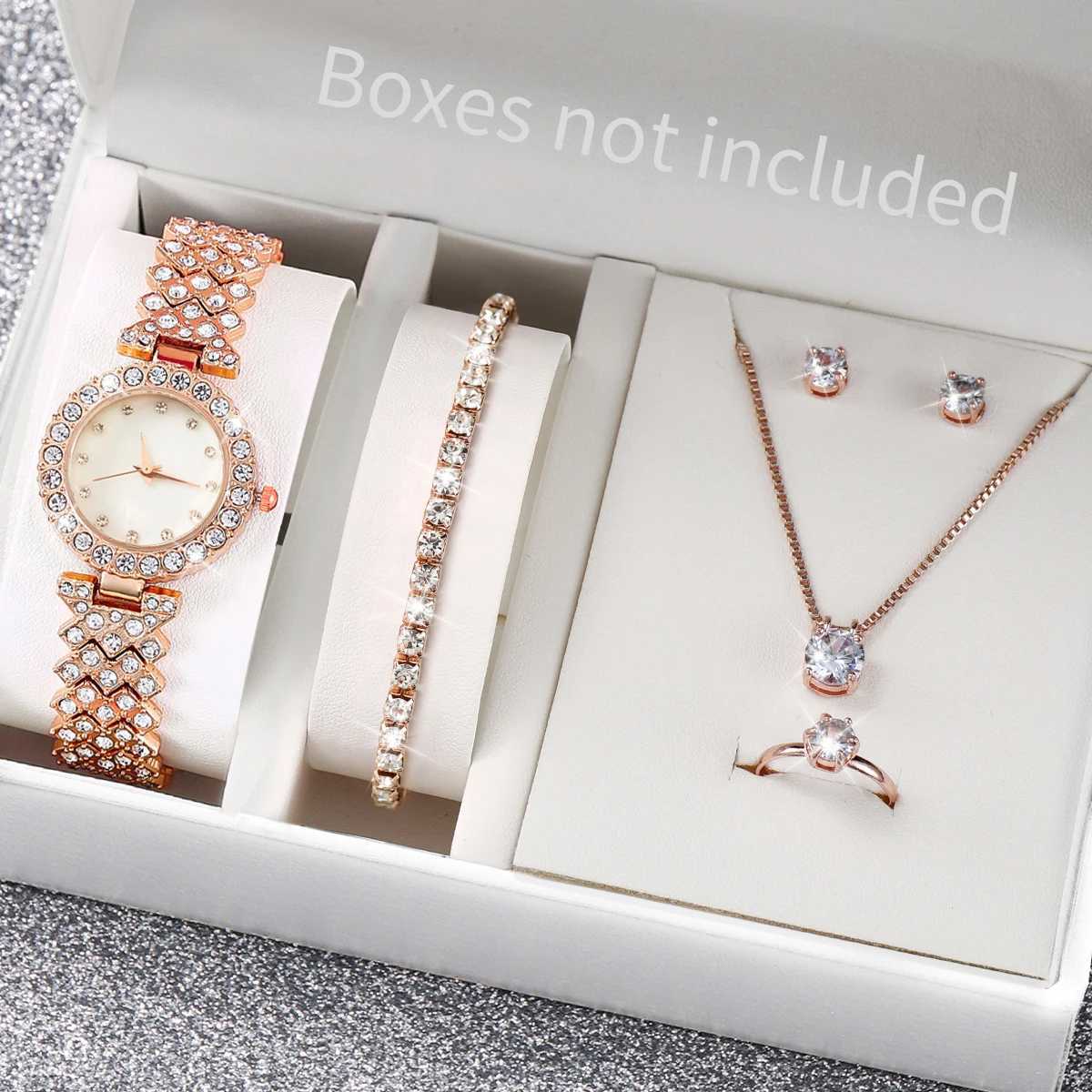 6-piece/set Wens Fashion Watch Luxury Synthetic Diamond Set Stainless Steel Quartz Watch Bracelet Ring Earring Set X241106
