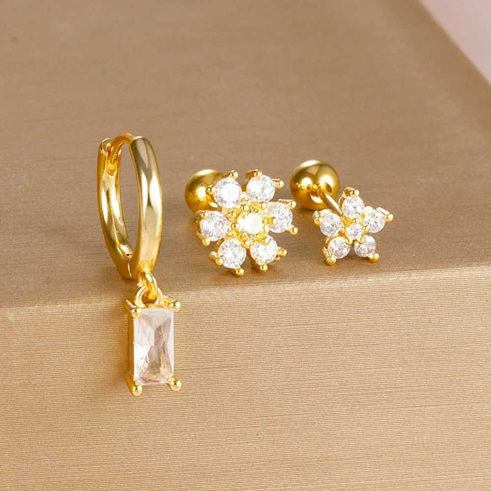 3-piece stainless steel earring set suitable for warm cubic zirconia gold colored square ring earrings perforated jewelry accessories in cardboard box