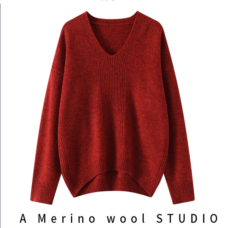 100 Merino Wool Womens Sweater AutumnWinter Knit Long Sleeve Pullover VNeck Loose Soft Fashion Flower Yarn Maillard Sweaters 241105