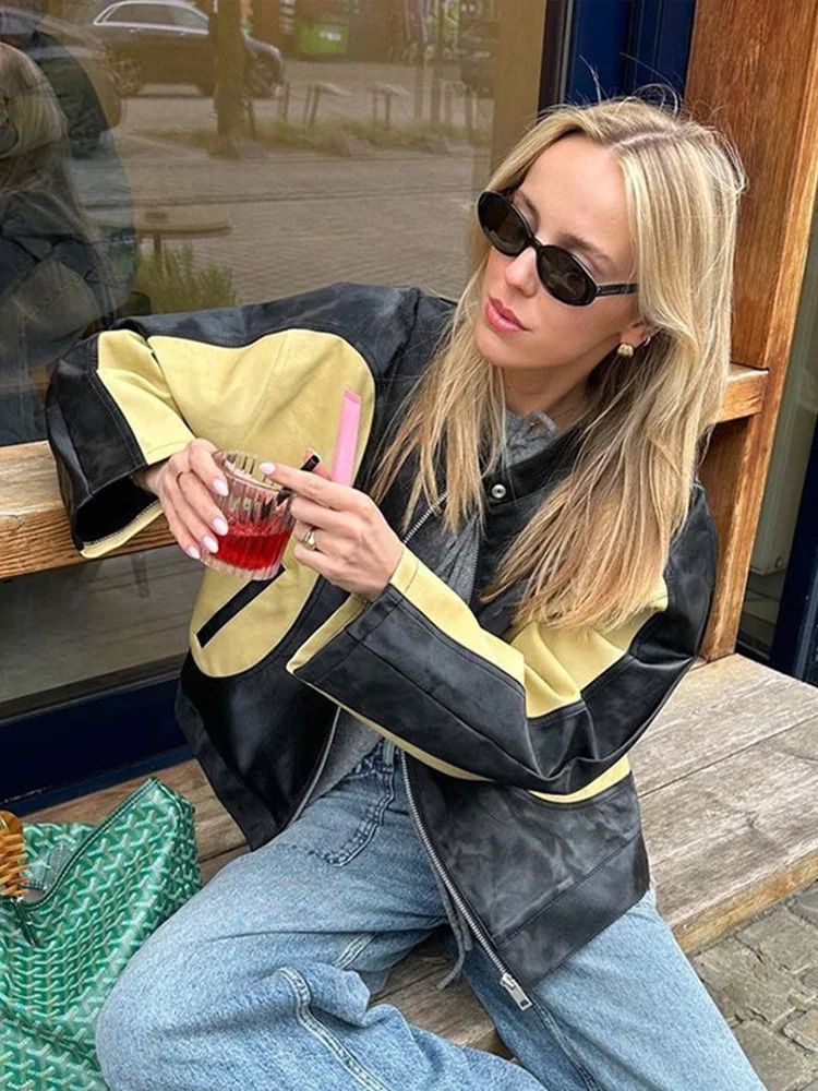 Vintage Patchwork Womens Leather Jacket Loose O-neck Long Sleeve Zipper Moto Biker Coats 2024 Autumn Lady Contrast Y2K Outwear 241106