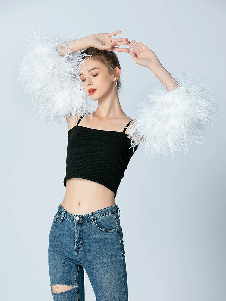 Feather Cuffs Party Fur Sleeves Cuffs Womens Fashion Fur Sleeves Glove Sleeves True Ostrich Feather White Long Sleeve 241106