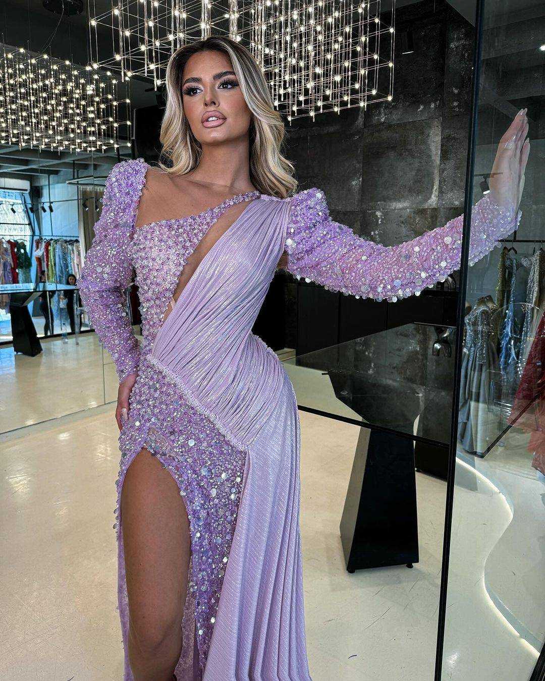 Luxurious Purple Prom Dresses Mermaid Lace Beading Sequined Evening Gowns African High Split Special Occasion Dress
