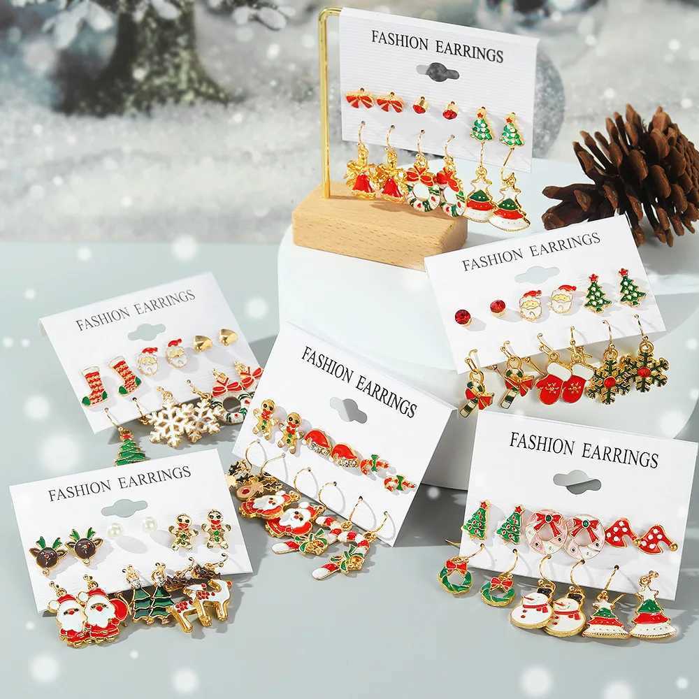 FTCY 6-piece Christmas earring set reindeer Christmas tree snowman moon decoration ring earrings perforated earrings jewelry gifts X241106