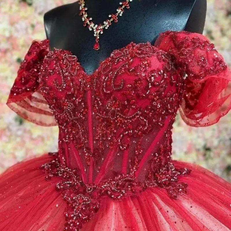 Mexico Red Shiny Quinceanera Dresses Sequin Appliques Lace Beads Tull Off the Shoulder Birthday Party Sweet 16 Vestidos De 15 Anos