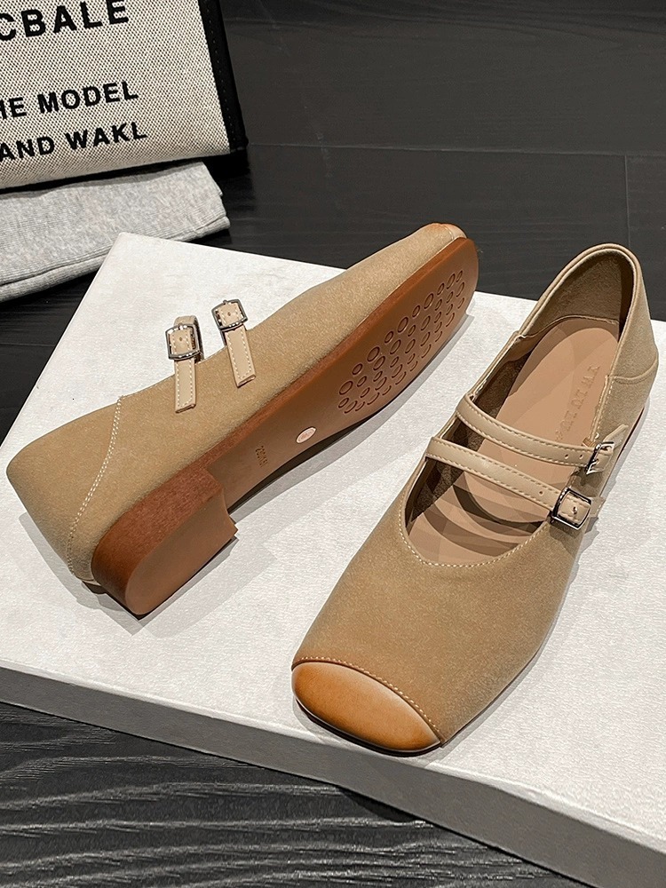 Patchwork Soft Leather Mary Jane Sneakers for Women - Flats with Double Button Strap and Square Toe