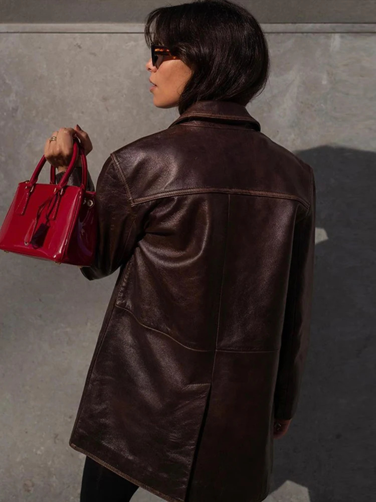 Street Lapel Leather Jacket Women Y2k Single Breasted Pockets Full Sleeve Female Coats 2024 Autumn Locomotive Lady Outwear 241106