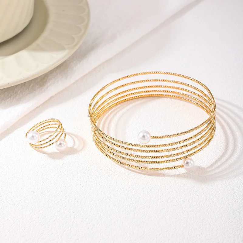2 sets of holiday party gifts OL DS026 Mti layer circular imitation pearl bracelet rings with metallic text X241106