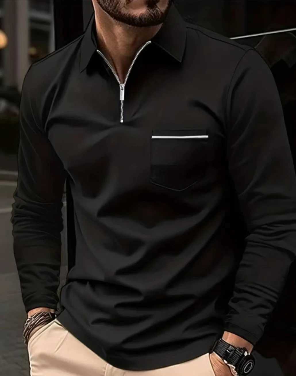 Autumn mens shirt zipper collar wearing long Sve pocket mens top casual shirt solid color T-shirt W241106