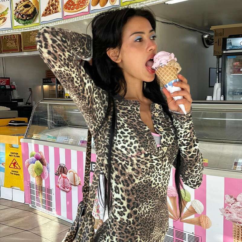 Talenza Women's New Fashion Leopard Print Long Sleeve Bodysuit Street Casual Sports Jumpsuit Party Set