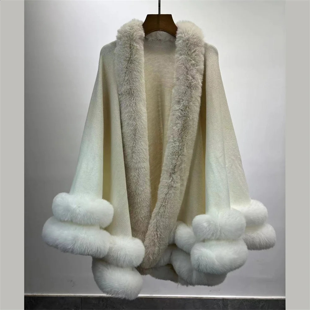 Winter 2 Circle Faux Fur Collar Big Pendulum Shawl Overcoat Loose Cloak Women Warm Gradient Colors Cashmere Poncho Capes 241105