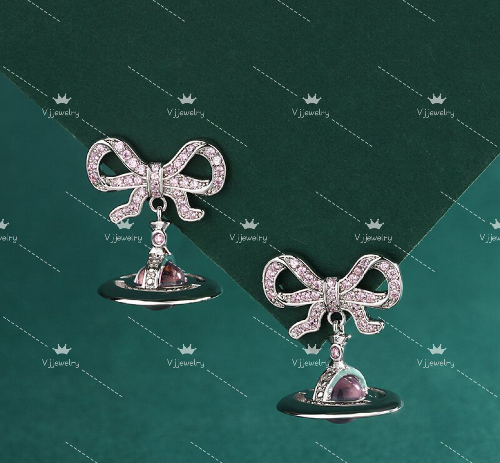 Designer Pink Bow Planet Earrings Three Layer Saturn Earrings with Full Didamond for Women Vivi Light Luxury Three Dimensional Planet Earhook Earclip Jewelry