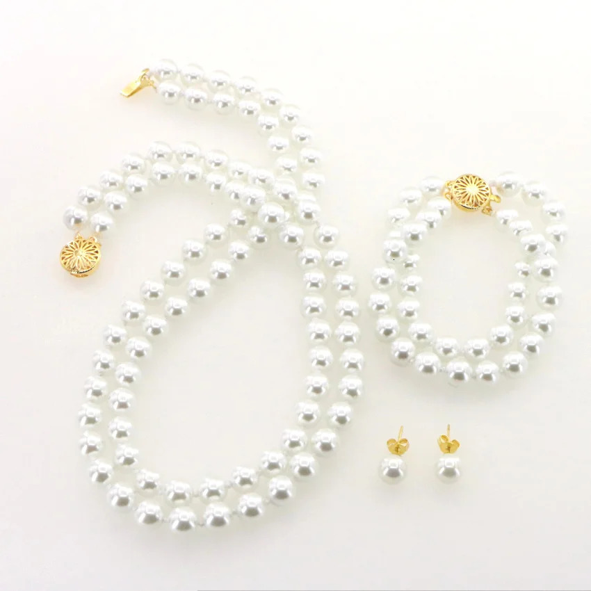 Fashion 2-Row 8mm White Akoya Shell Pearl Round Bead Necklace Bracelet Earring Set Womens Christmas Gift Wholesale Price 241106