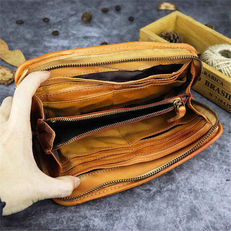 Vintage First Layer Cowhide Men's Women's Wallet Simple Handmade Soft Genuine Leather Ladies Long Phone Zippers Card Holder Bags