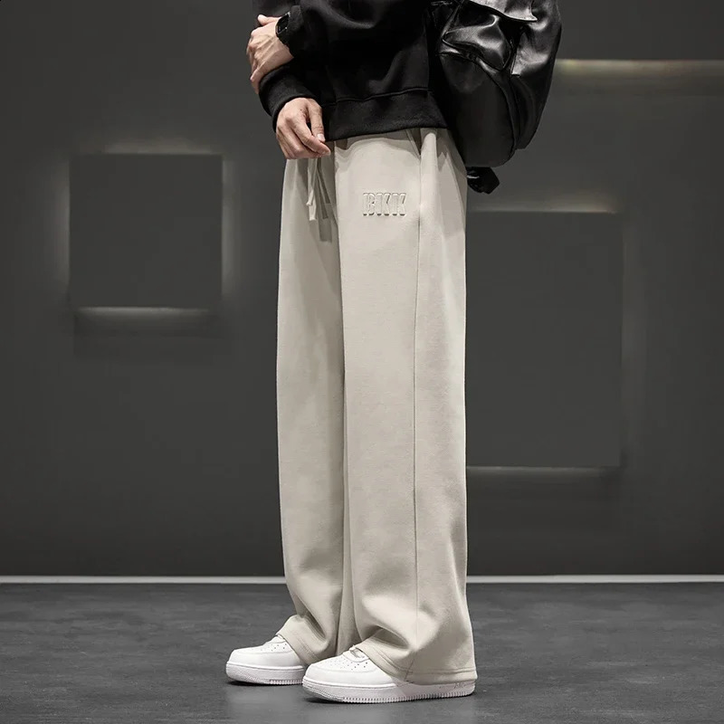 Autumn Men Knitted Sports Pant Steel Stamp Printing Wide Leg Casual Trousers Straight Solid Lightweight Cotton Fabric Unisex 241104