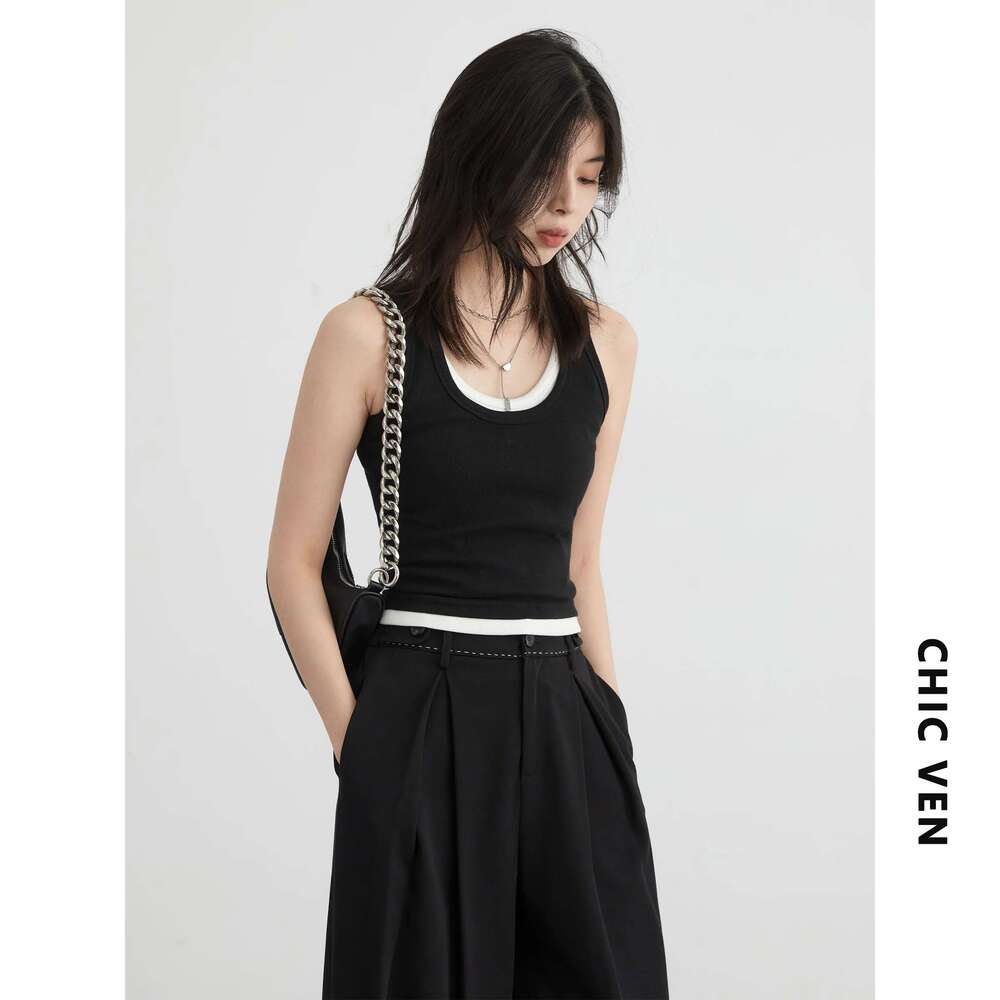 CHIC VEN Women Tan Casual U-Neck Contrasting Color Splicing Female Vest Slim Fit Woman Suspender Autumn 2024