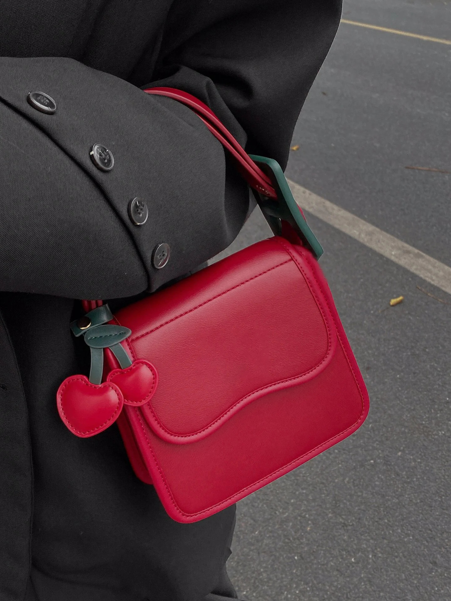 Burgundy PU Womens Underwear Bag High Quality Exquisite Cherry Pendant Flip Cross Body Bag Elegant Warm Handbag Trend241106