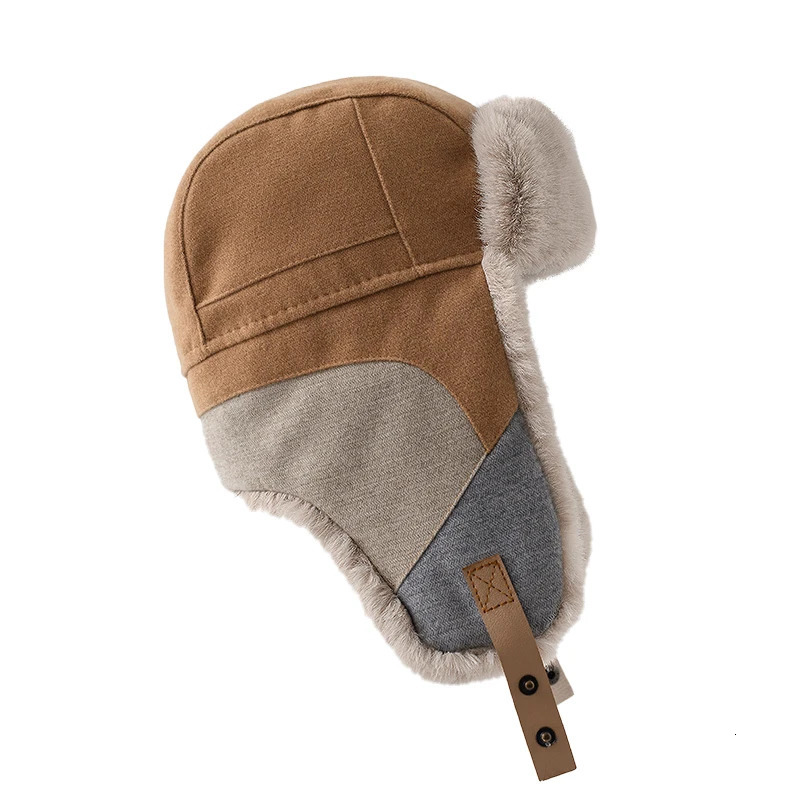 Russian mens earmuffs pilot hat winter Korean spliced artificial rabbit Ushak bomber trap thick warm hat womens ski hat 241106