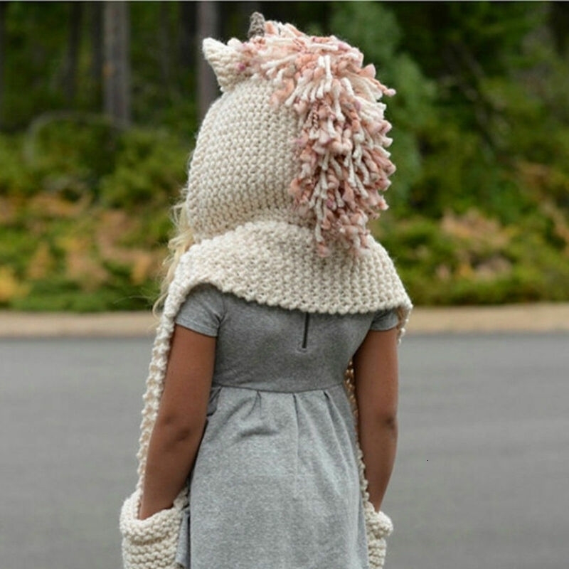 Unicorn Hooded Scarf Animal Hoodie Cowl Crochet Knitted Bean Hat for Children Baby Girls Cute Fashion Hat 2-12Y 241105